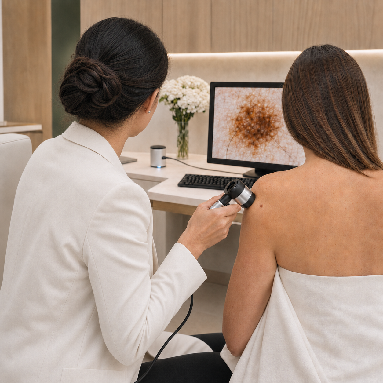 Dra. Carolina Borges realizando dermatoscopia diante do monitor com a imagem ampliada da pinta