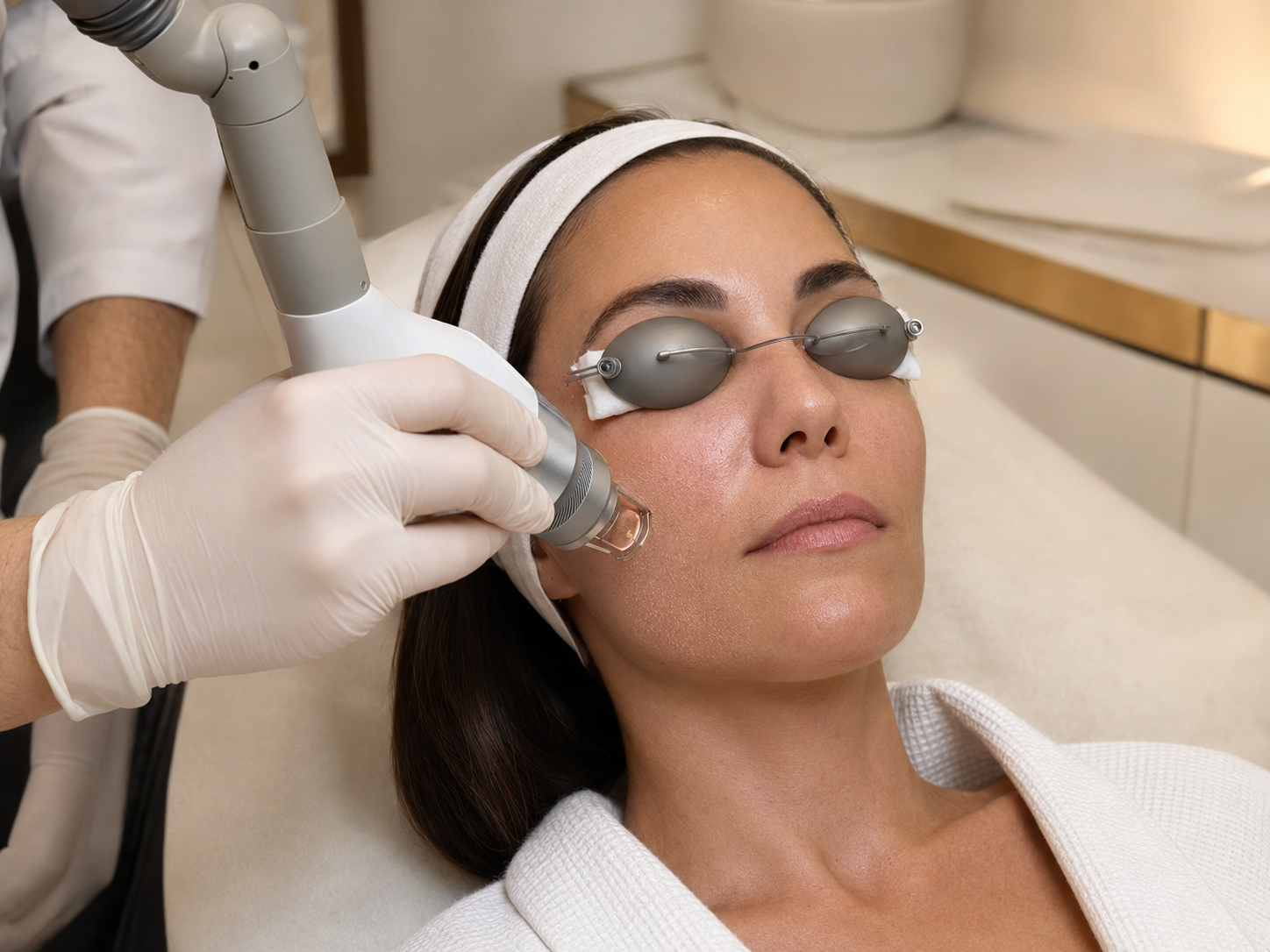 Paciente recebendo tratamento facial com laser Erbium fracionado