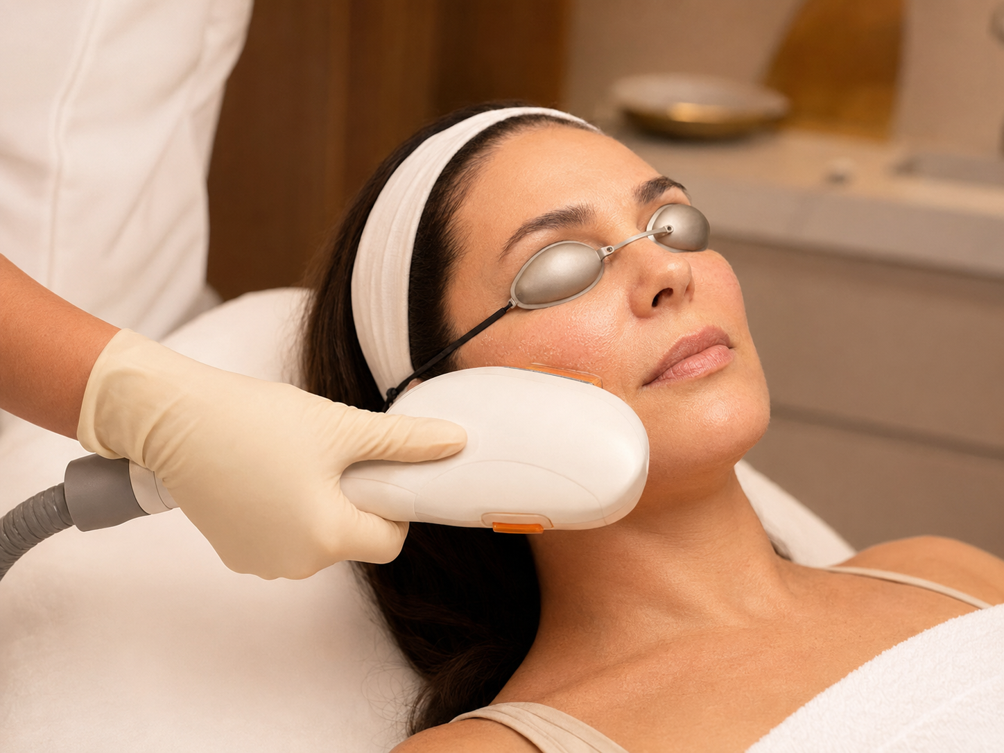 Paciente realizando tratamento facial com luz intensa pulsada para manchas, vasos e marcas de acne