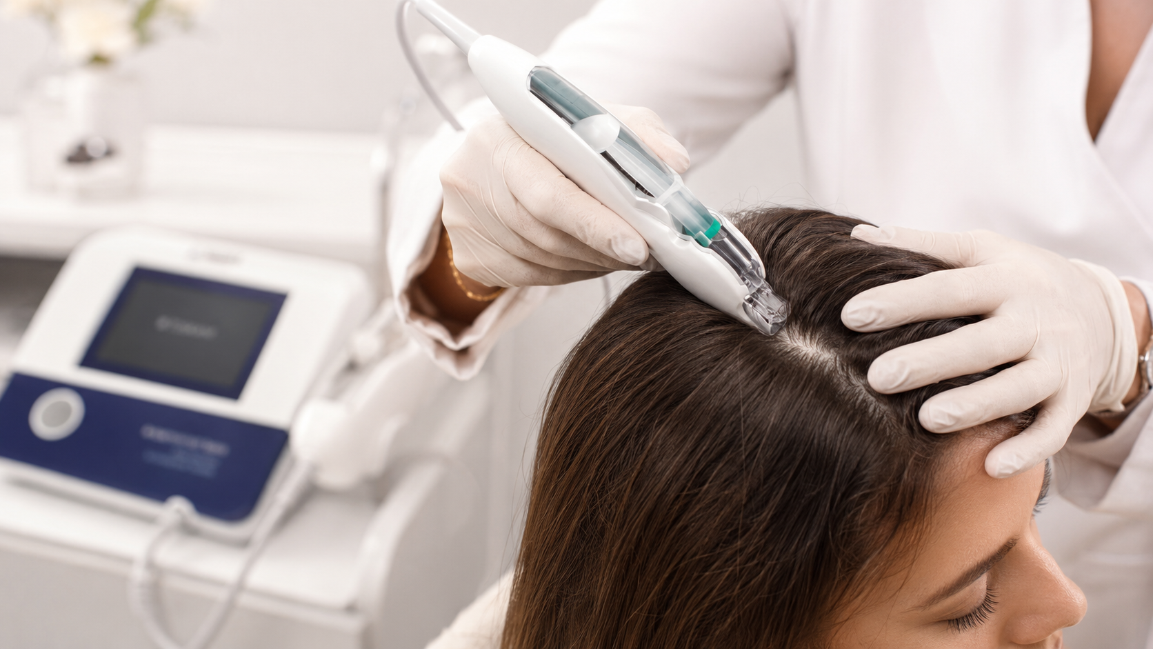 Aplicação capilar com Mesoject Gun no couro cabeludo