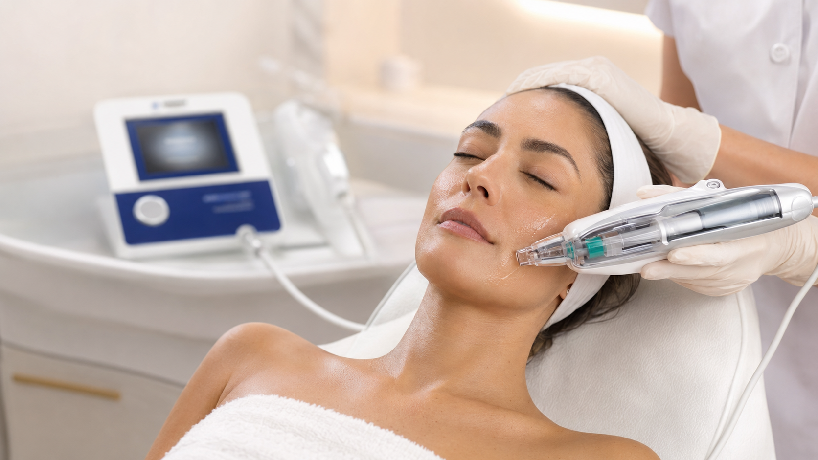 Aplicação facial com Mesoject Gun para qualidade da pele